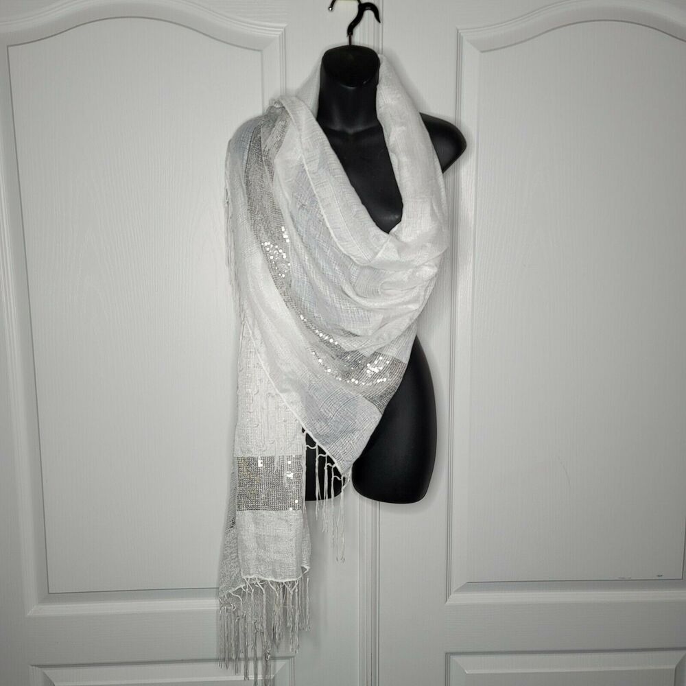 INC International Concepts Fringe Sequin Party Wrap Scarf Ivory One Size NWT